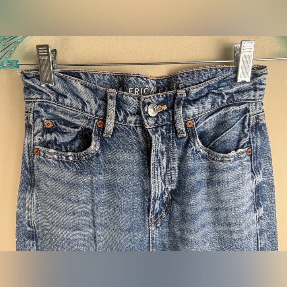 American Eagle Women's Super High Rise Baggy Wide Leg Blue Jeans Raw Hem 000/XXS - Picture 3 of 15